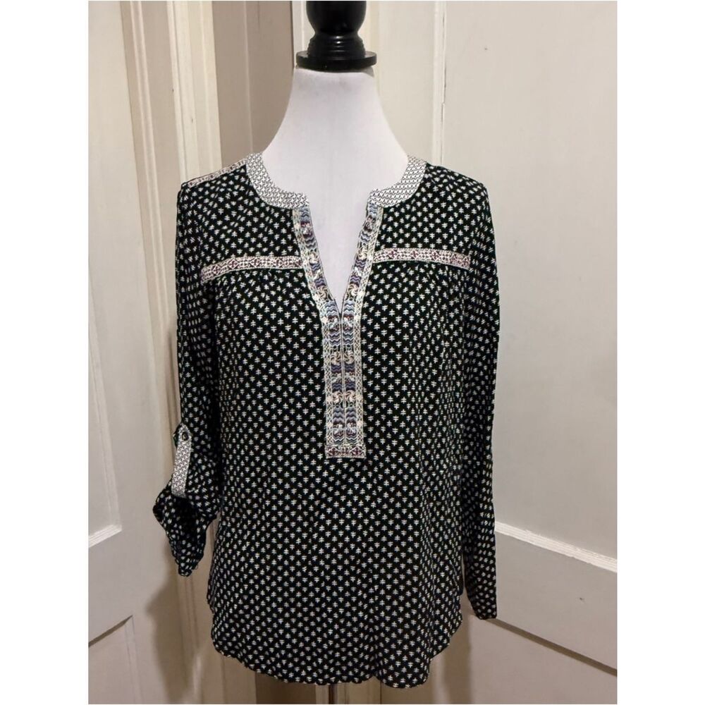 Skies Are Blue Black Printed Split-Neck Tunic with Embroidered Trim